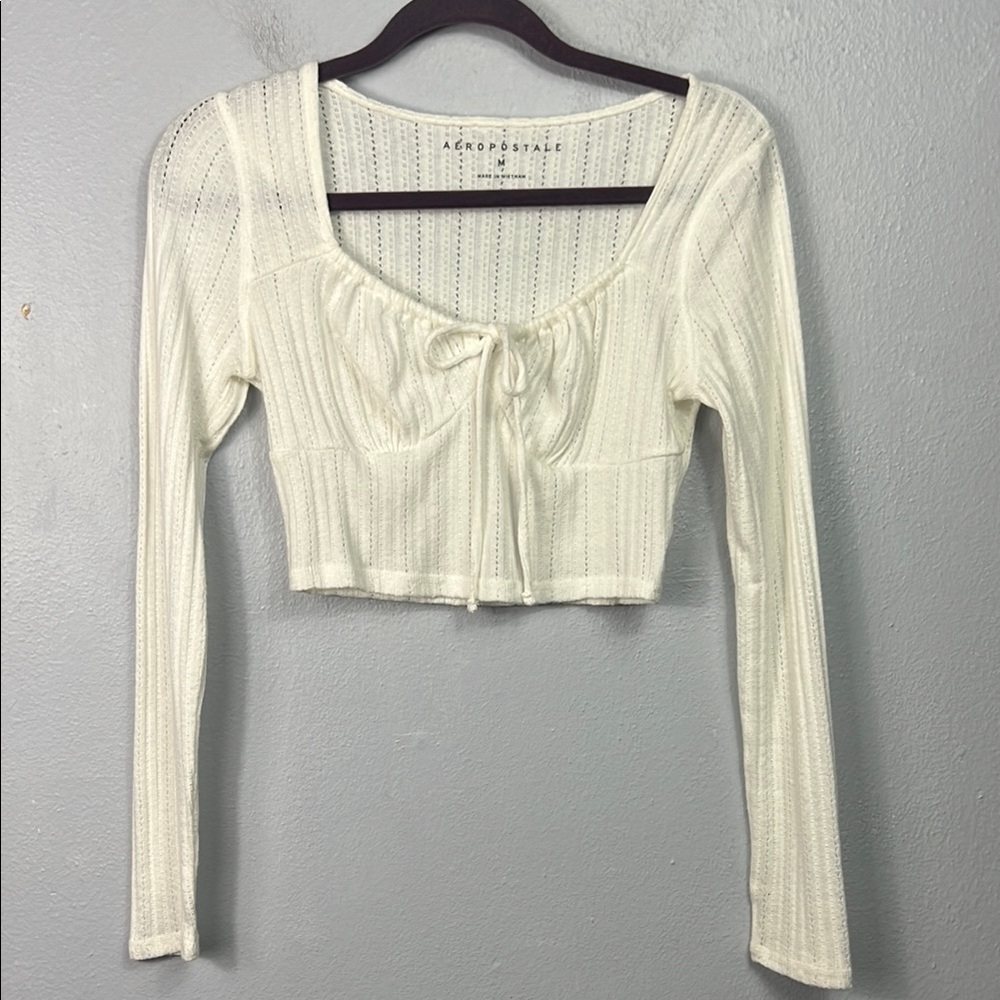 Aeropostale Y2K Babydoll Cream Long Sleeve Tie Neck Crop Sweater Top Medium